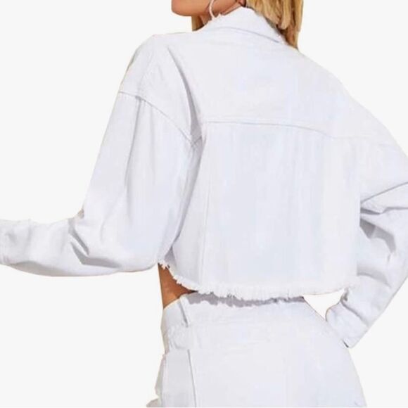 LifeShe White Cropped Denim Distressed Jacket, Women’s XL - Picture 2 of 8